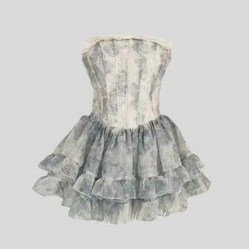 Elegant Corset Mini Dress With Layered Sheer Skirt And Pastel Floral Pattern - White/Blue