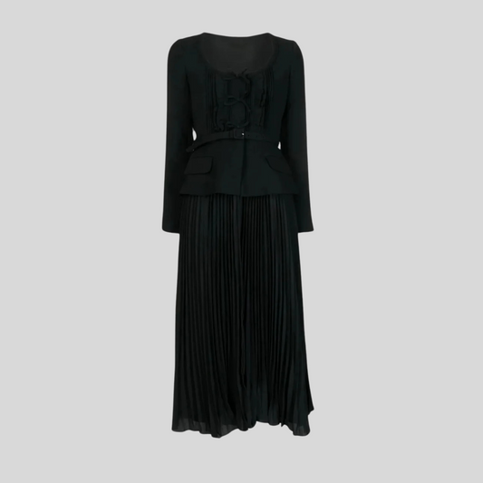 Long Sleeved Dress With Fitted Bodice And Maxi Pleated Skirt - Black