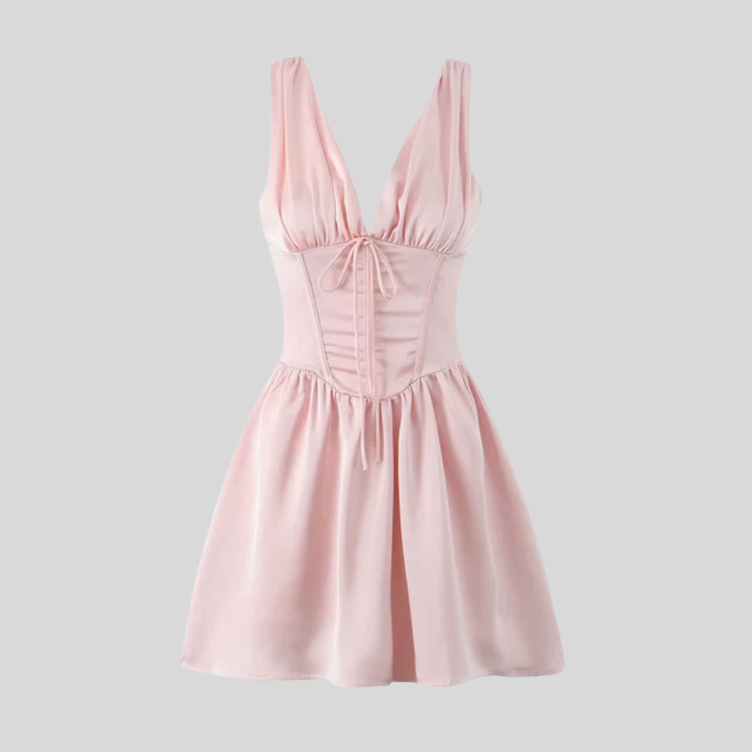 Elegant Sleeveless Corset Dress With Deep V-Neckline - Black - Pink