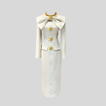 Elegant Midi Dress With Decorative Gold Buttons And Neckline Bow - White