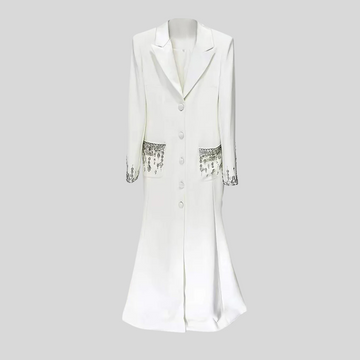 Long Silhouette Dress With Lapels And Crystal Detailing - White