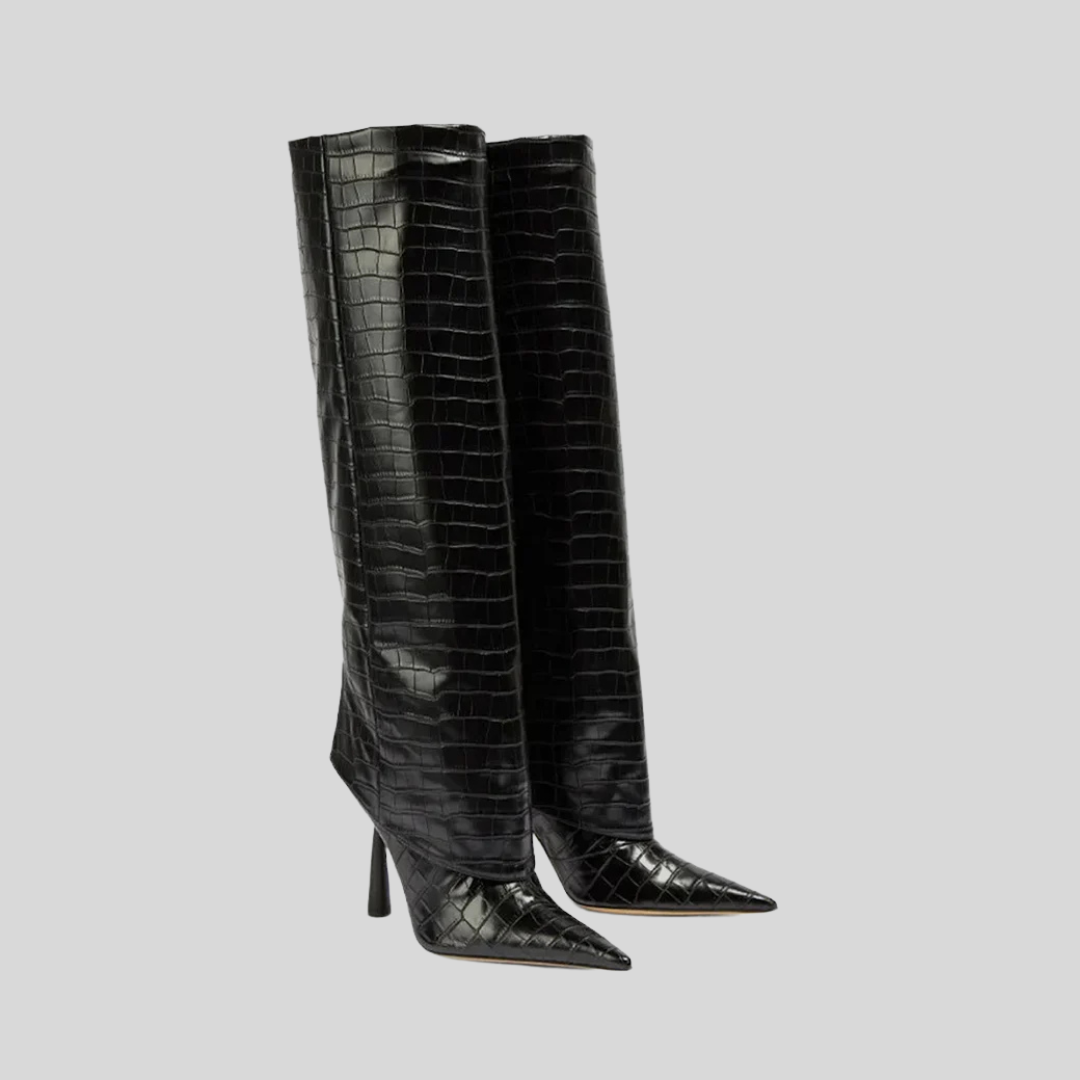 Knee-High Alligator Skin Pattern Pointed Boots - Black