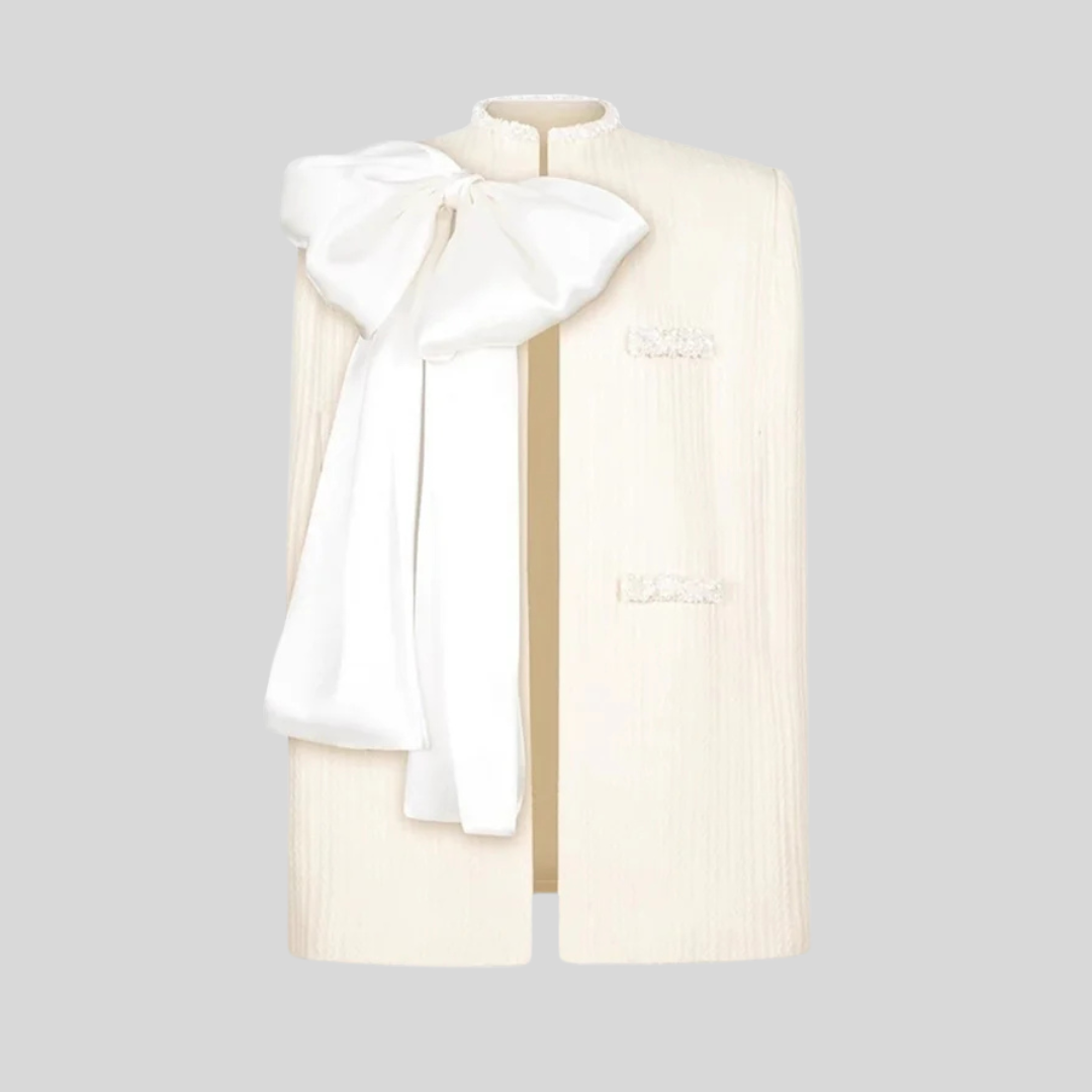 Sophisticated Overcoat with White Bow Decoration - Ivory