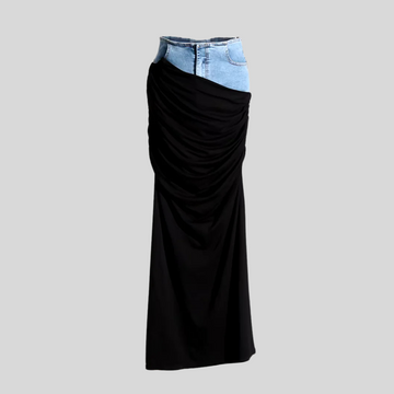 Elegant Patchwork Folds Skirt - Black & Jeans