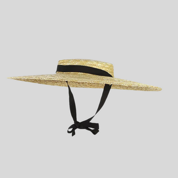 Wide-Brimmed Straw Hat With Black Ribbon Accent
