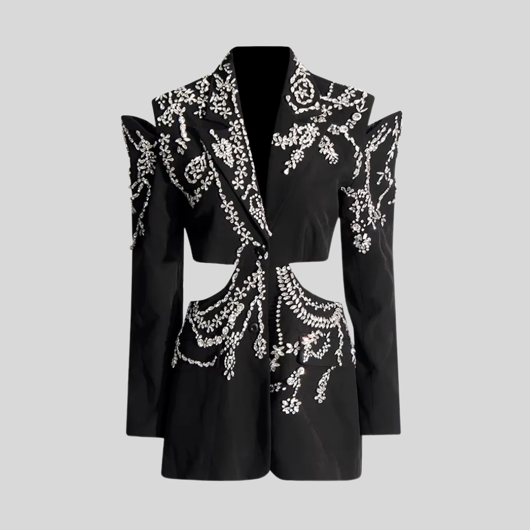 Elegant Blazer with Embroidery and Waist Cutouts - Black