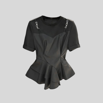 Angular Pleated Top with Chain Accents - Black