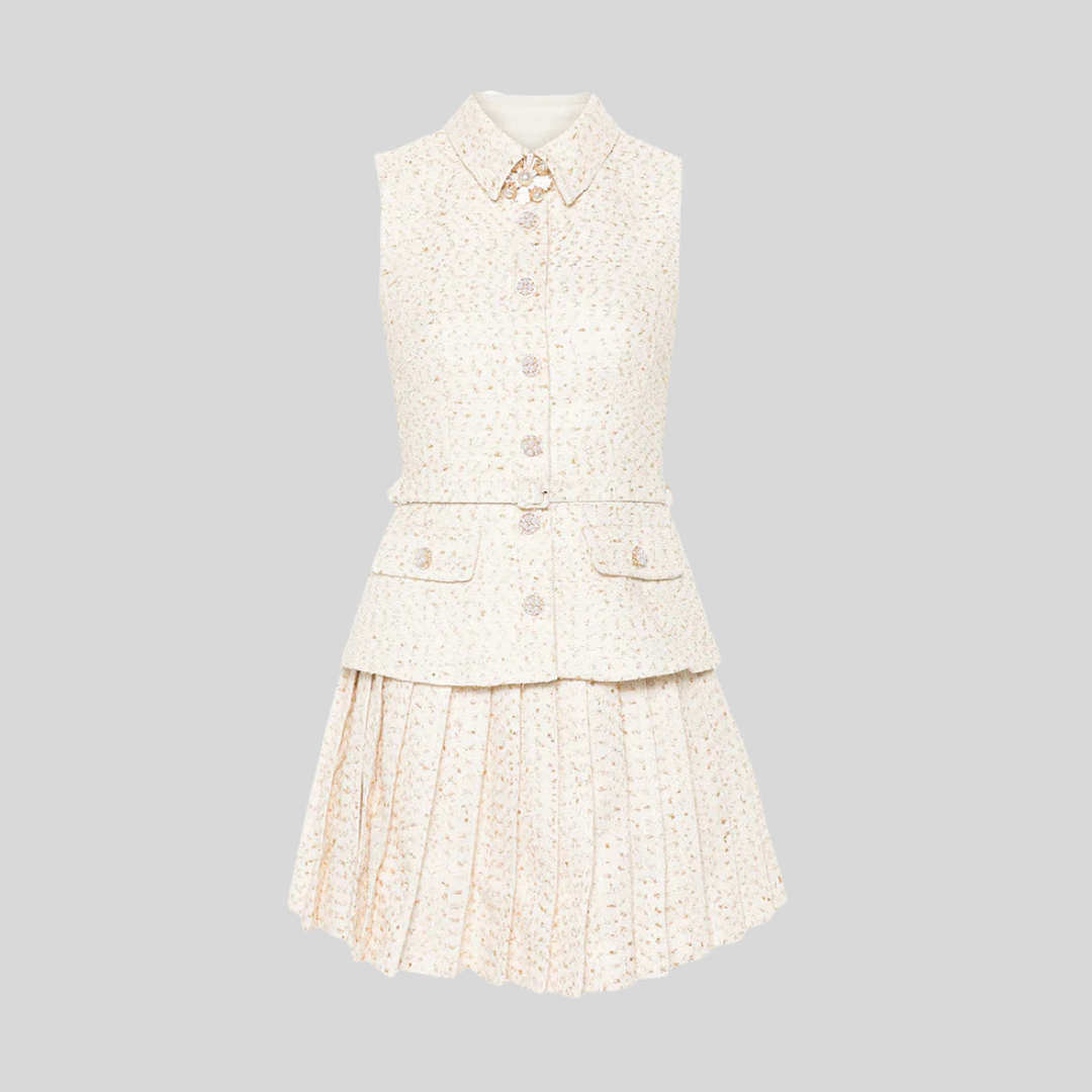 Sleeveless Textured Mini Dress With Pleated Skirt And Waistbelt - Ivory