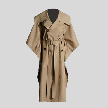 Lapel Trench Coat with Batwing Sleeves - Khaki