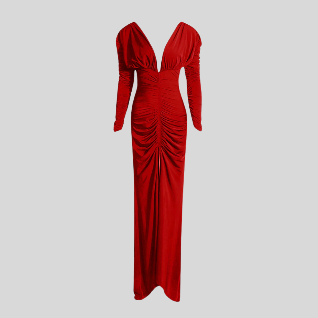 Chic Ruched Dress with Plunging Neckline - Red