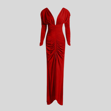 Chic Ruched Dress with Plunging Neckline - Red