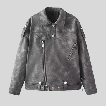 Vegan Leather Jacket with Intricate Stitched Back - Gray