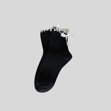 Ribbed Socks  With White Bow And Ruffled Trim Accents - Black