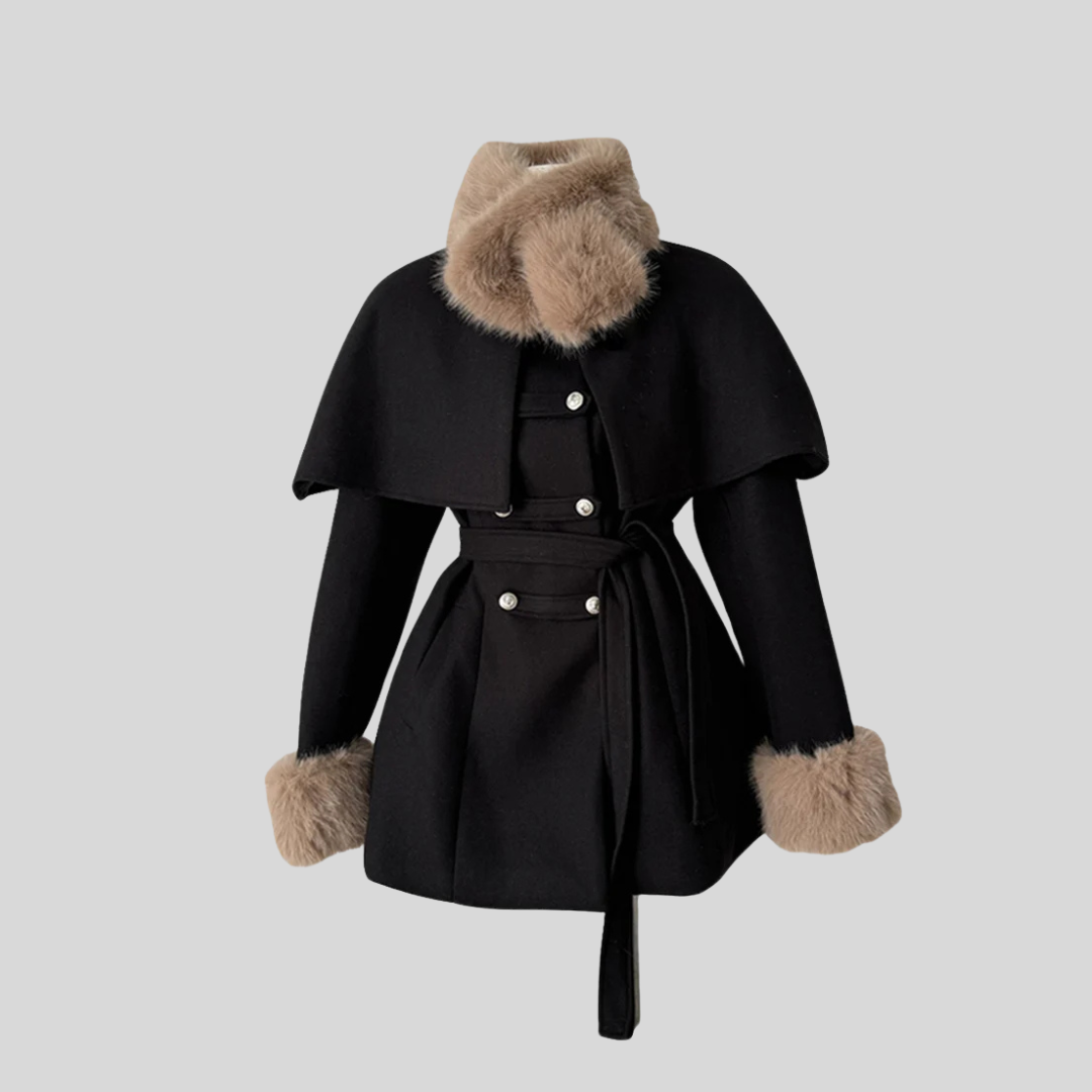 Double-Breasted Trench Coat With Detachable Cape - Black