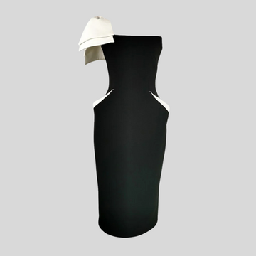 Elegant One-Shoulder Dress with White Touches - Black