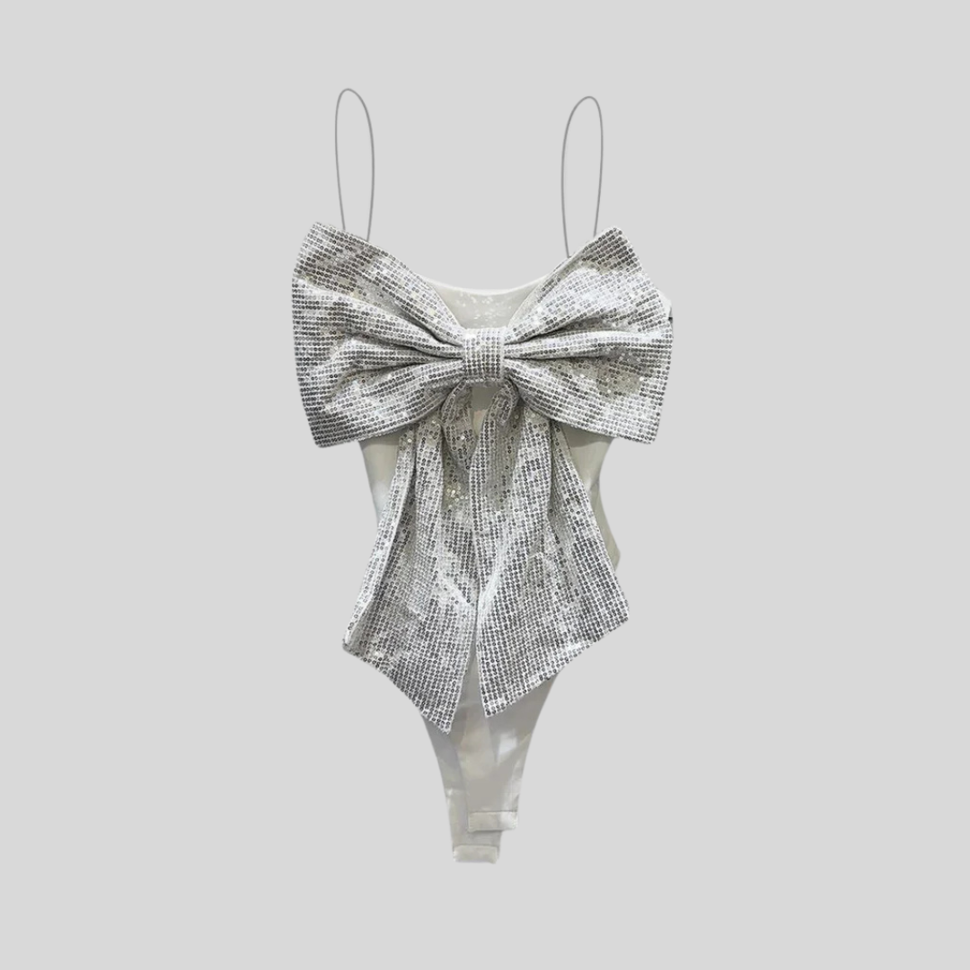 Bodysuit With Large Front Sequin Bow - Silver