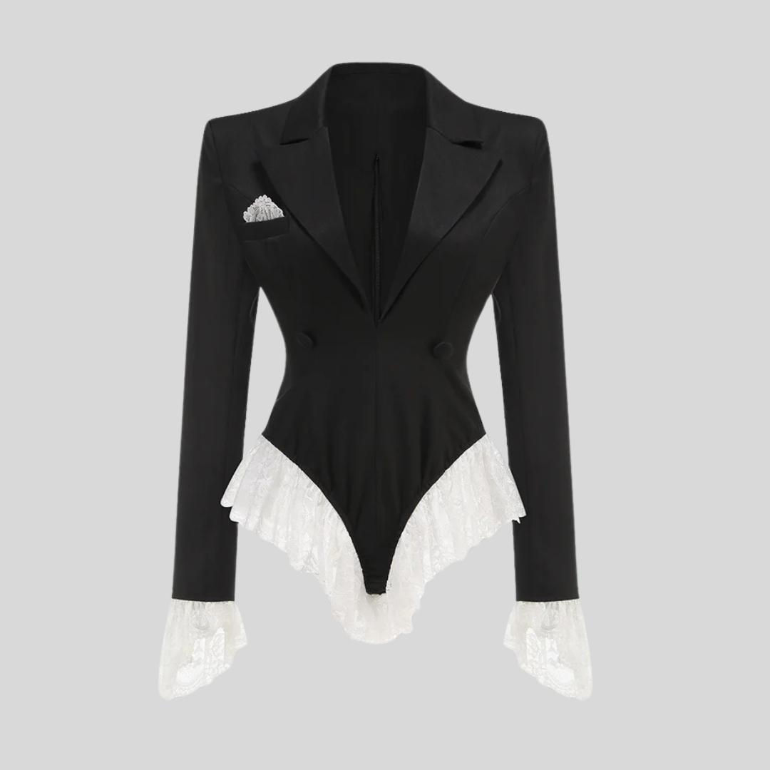 Elegant Bodysuit with Blazer Design and White Lace Trim - Black