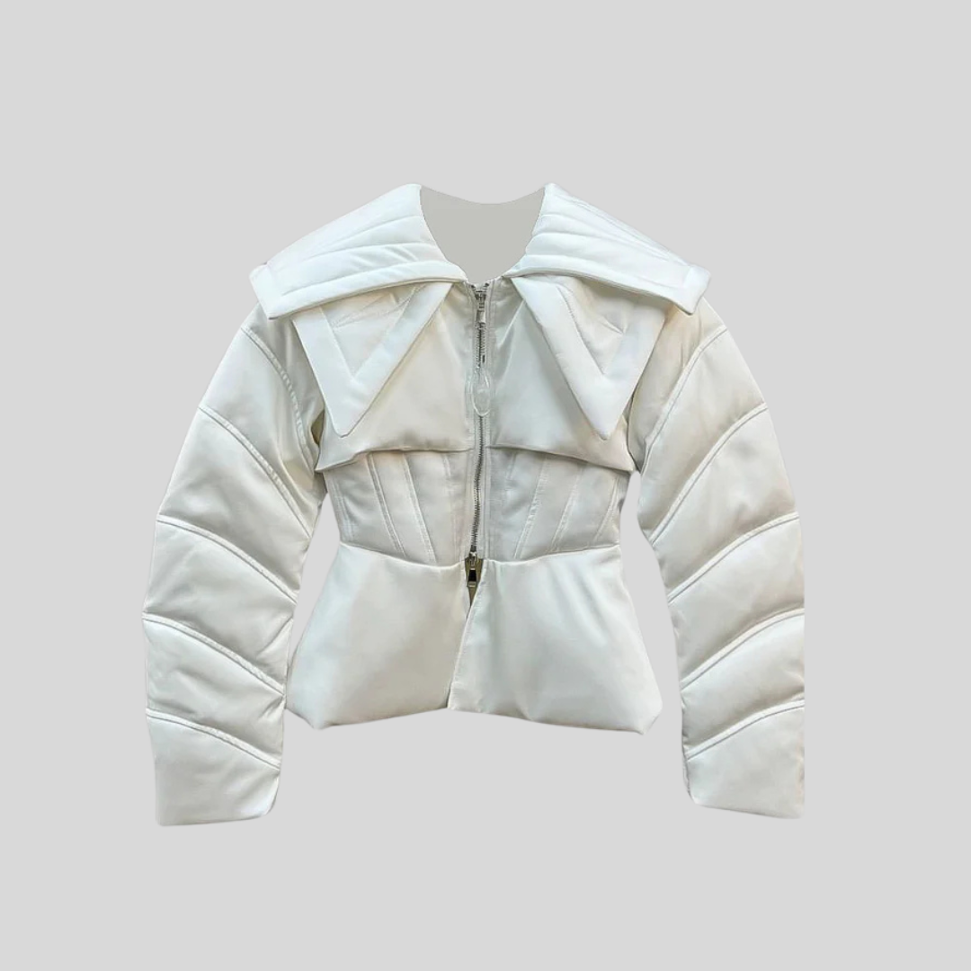 Structured Puffer Jacket With Oversized Lapels - White