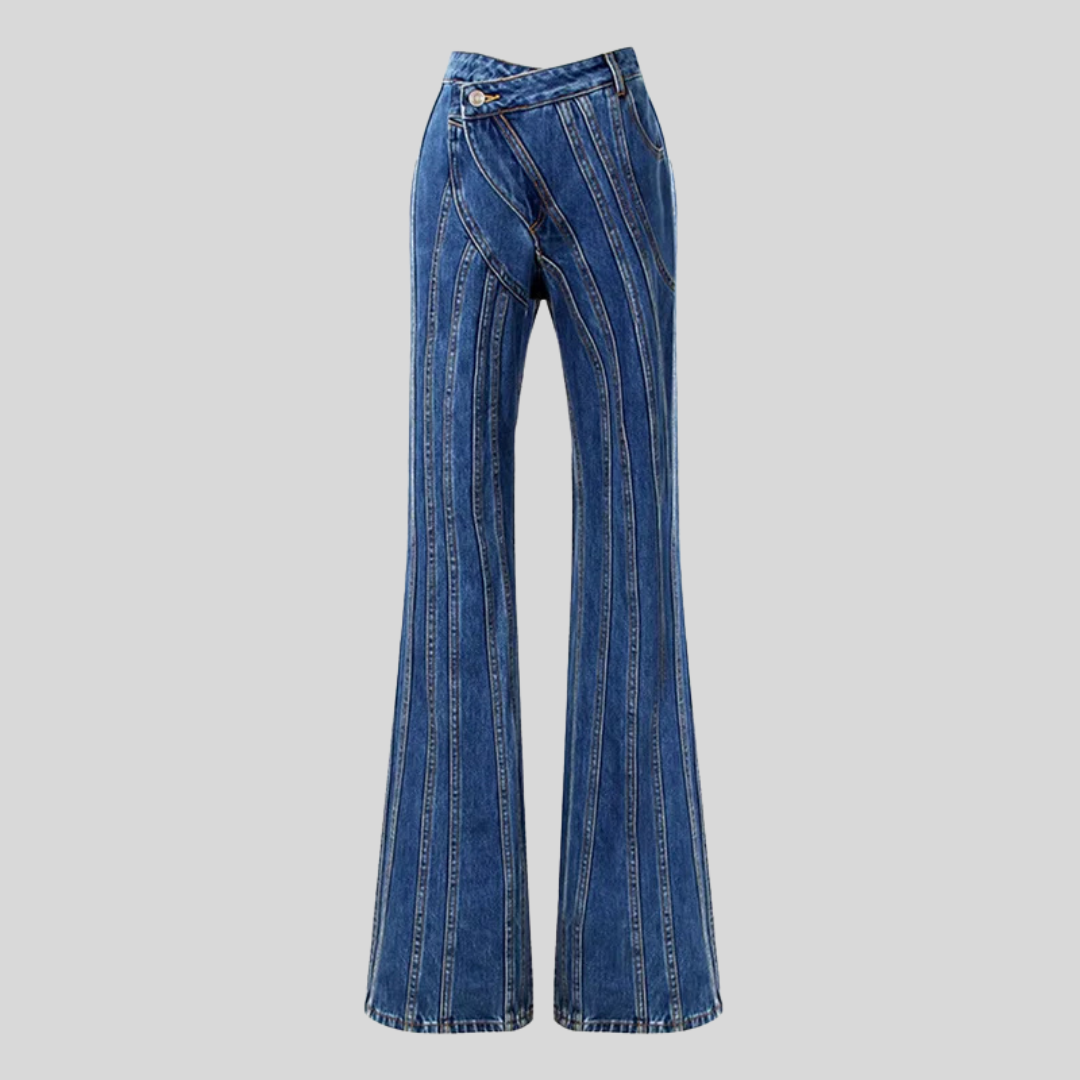 Slanted Placket Mid Waist Blue Denim - Blue