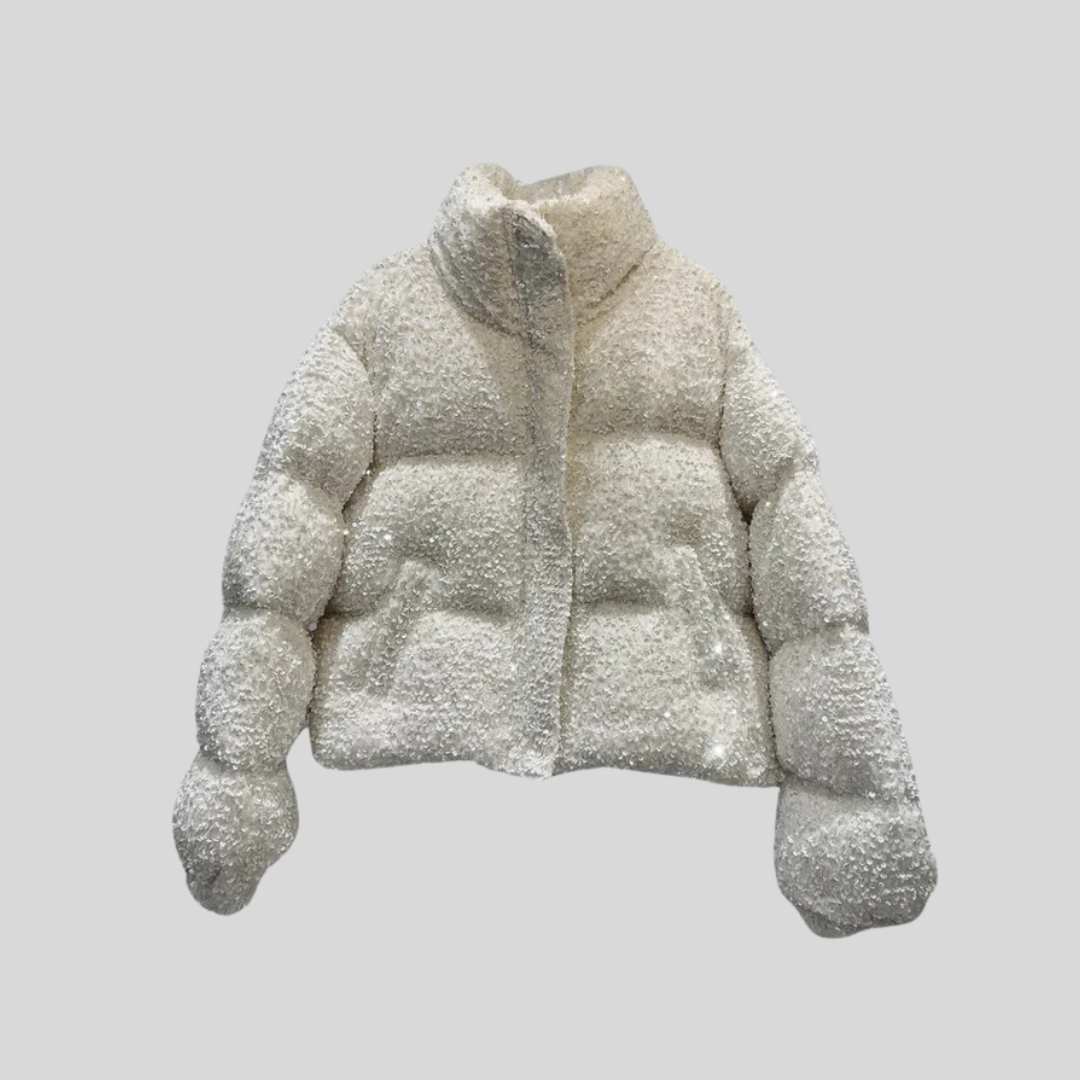 Elegant Textured Puffer Jacket with High Collar and Sequin Accents - White