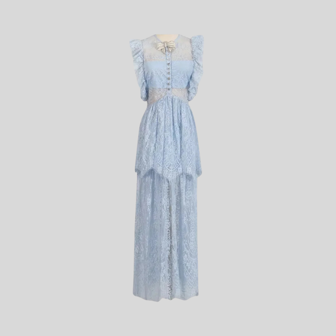 Elegant Vintage-Inspired Lace Dress With Ruffled Details And Layered Skirt - Blue - Beige - Black