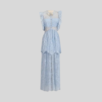 Elegant Vintage-Inspired Lace Dress With Ruffled Details And Layered Skirt - Blue - Beige - Black
