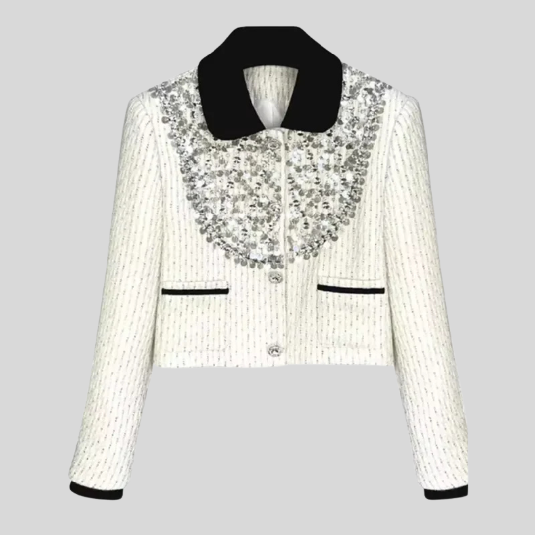 Elegant Rhinestone Short Coat - White