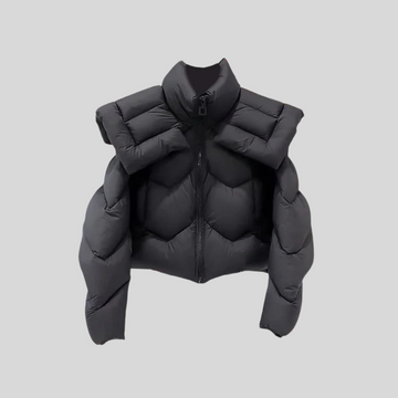 Fashion-Forward Puffer Jacket with Statement Shoulder Pads - Black