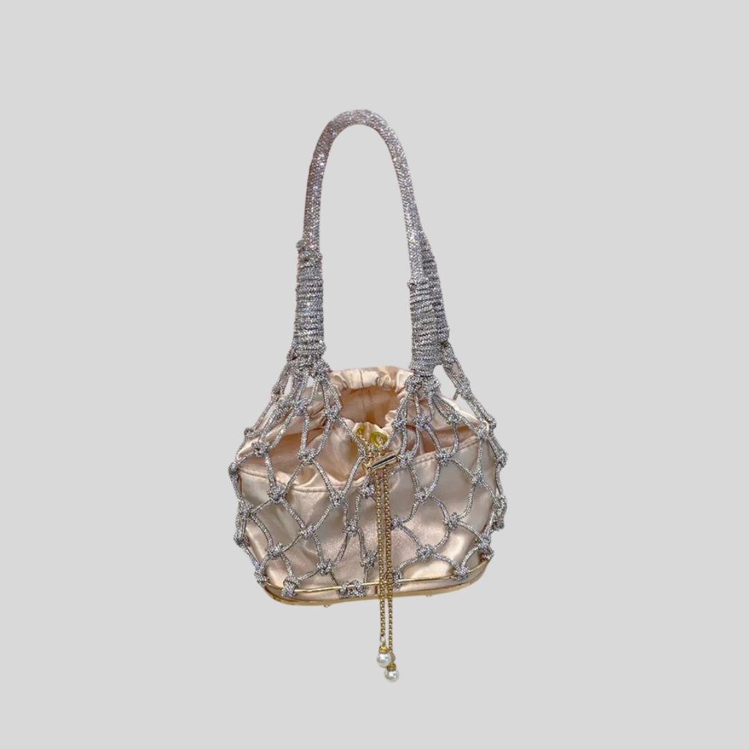 Beige Satin Drawstring Bag with Oval Netted Exterior - Silver