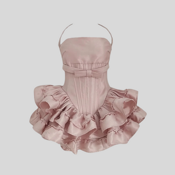 Mini Corset Dress With Ruffled Skirt And Fitted Bodice - White - Pink