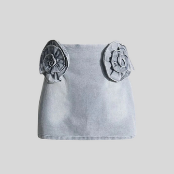 Denim Mini Skirt with Flower Detail - Blue