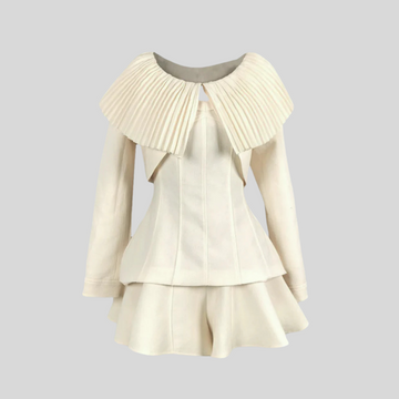 Chic 3-Piece Dress with Detachable Pleated Collar - Ivory