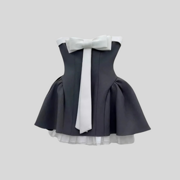 Corset Strapless Mini Dress With Flared Skirt And White Bow Accent - Gray