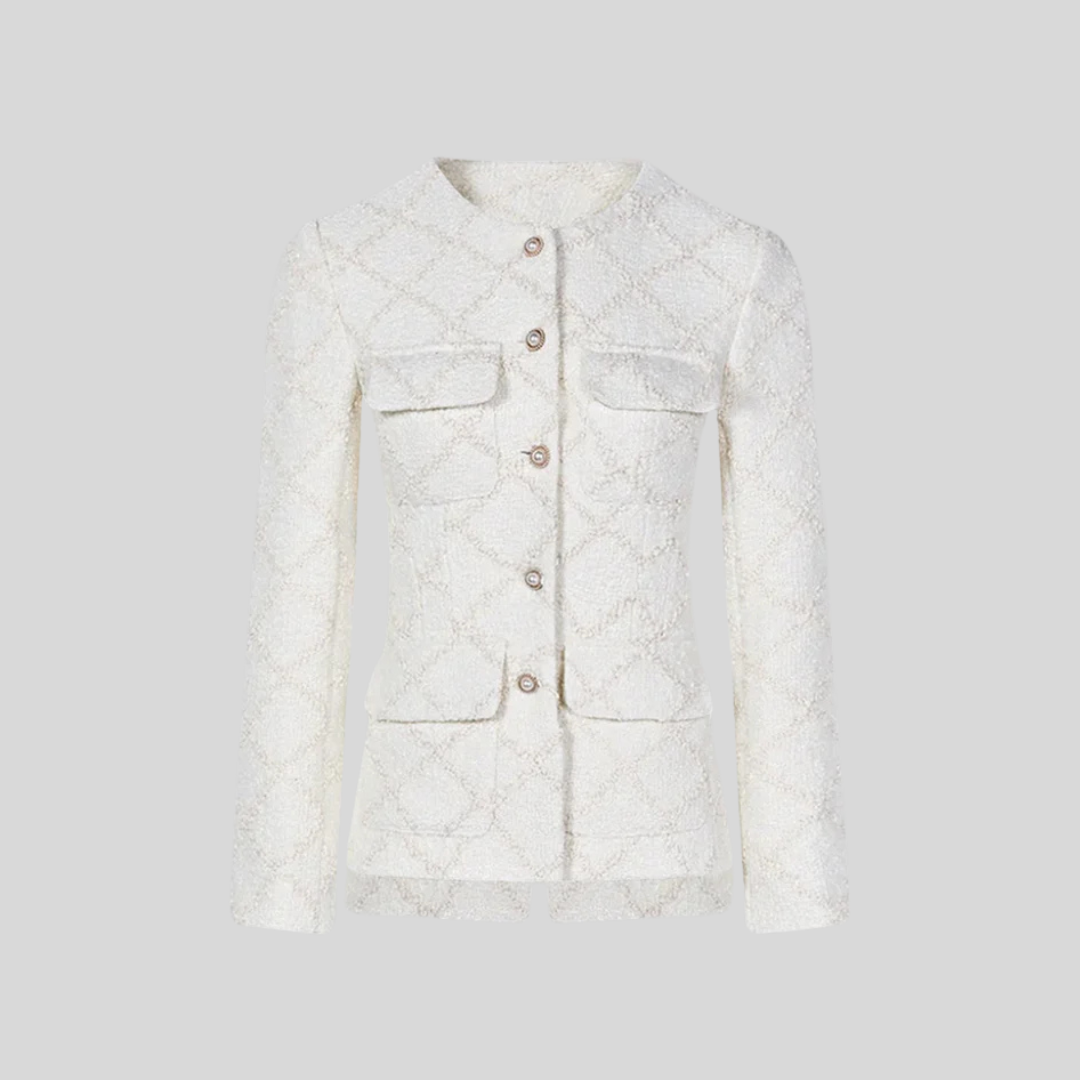 Textured Jacket With Gold Buttons And Matching Shorts - Ivory