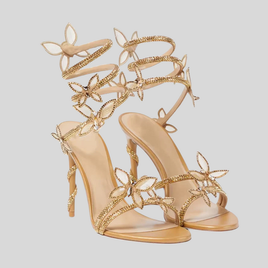 High Heels With Sparkling Straps And Butterflies - Silver - Black - Gold