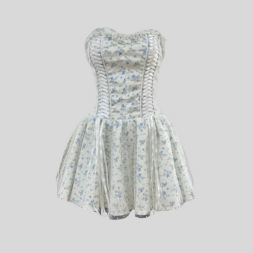 Corset Mini Dress With Sweetheart Neckline And Delicate Floral Pattern - White/Blue -  White/Pink