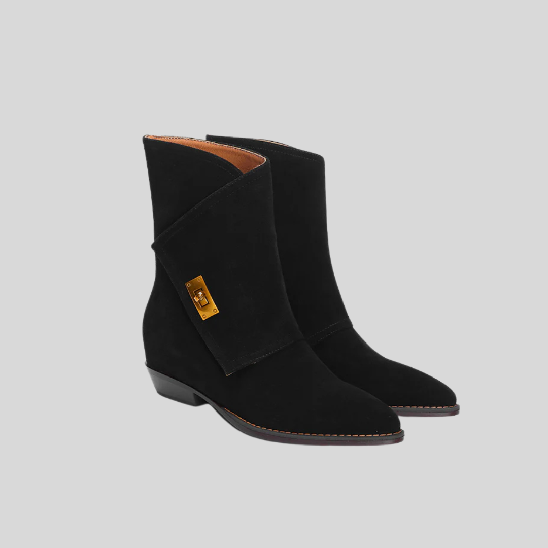 Golden Buckled Suede Ankle Boots - Black