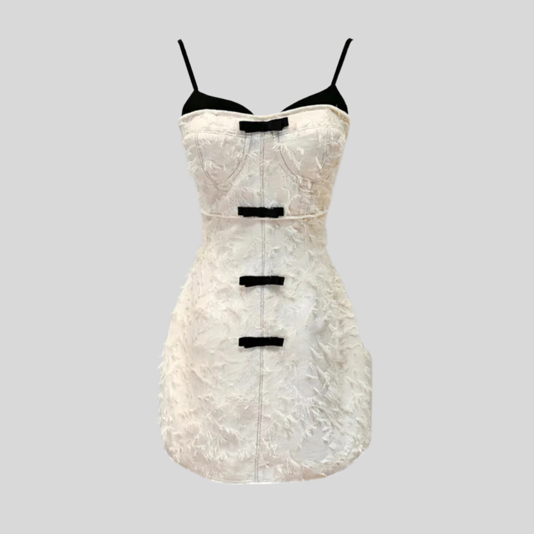 Mini Dress with Feather-Inspired Design - Ivory