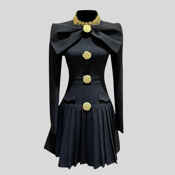 Gold Buttoned Dress with Bow at the Neckline - Black