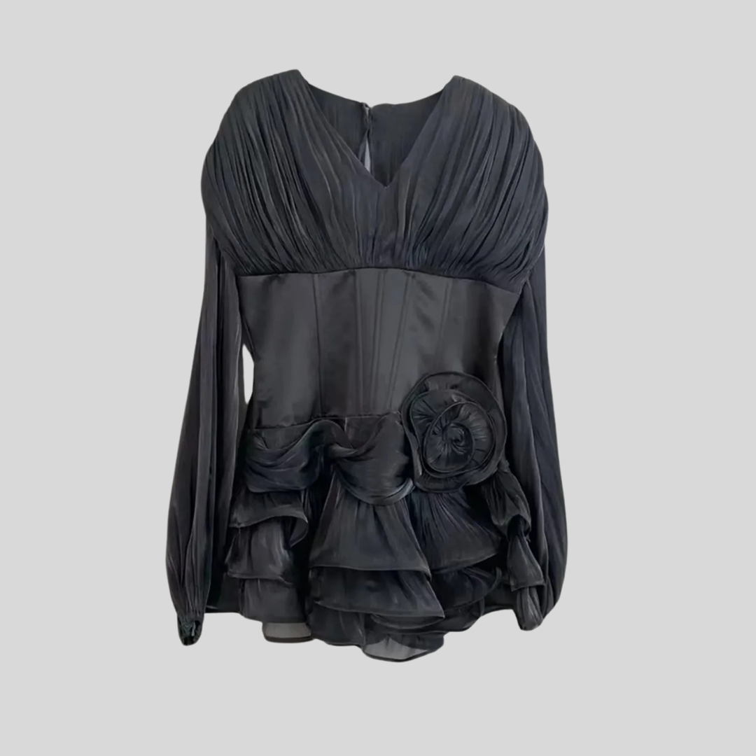 Elegant Dress With Corset-Style Bodice, Layered Ruffle Hem And Puffed Sleeves - Black - White