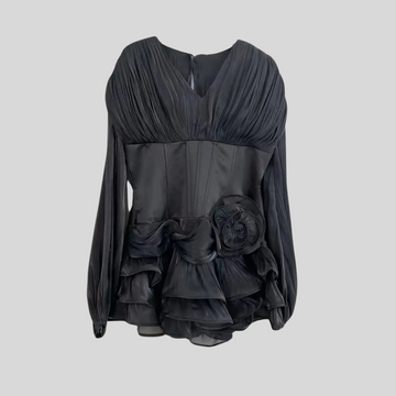 Elegant Dress With Corset-Style Bodice, Layered Ruffle Hem And Puffed Sleeves - Black - White