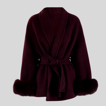 Fur Cuff Belted Woolen Coat - Burgundy