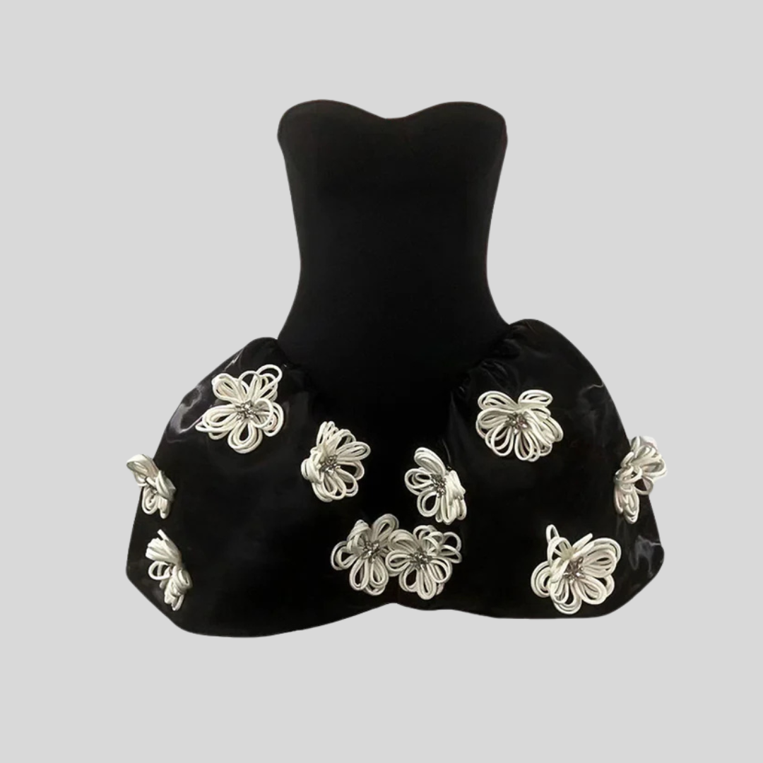 Elegant Mini Dress With 3D Silver Flower Embellishments - Black