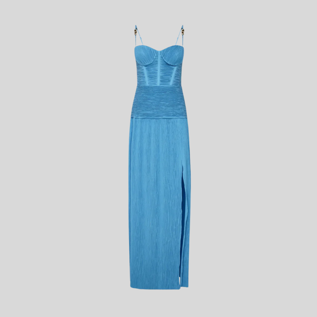 Elegant Dress With Ruched Fitted Bodice And Straight Skirt With Side Slit - Ivory - Blue - Black