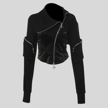 Turn-Down Collar Zipper Jacket - Black