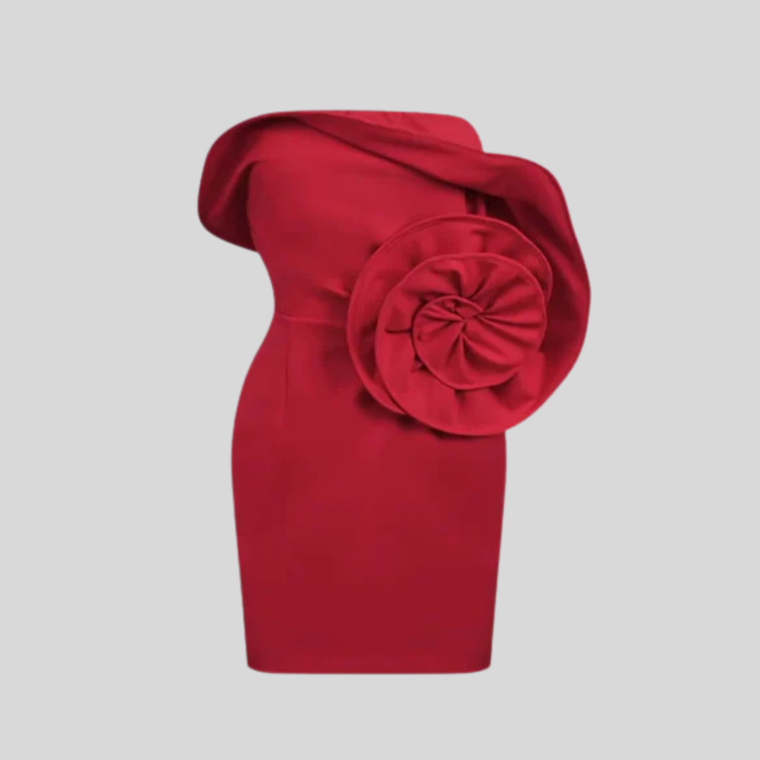 Asymmetrical Off-Shoulder Mini Dress With Oversized Rose Embellishment - Red