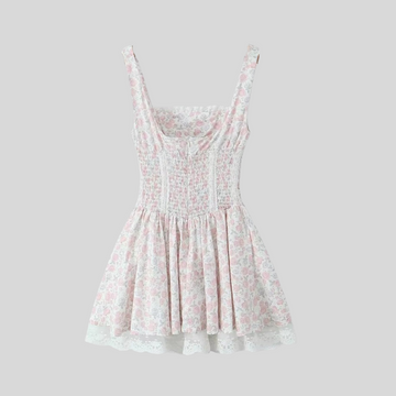Sleeveless Summer Dress With Pink Floral Pattern And Lace-Up Front Detailing - White