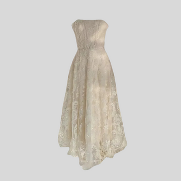 Strapless Lace Gown With Fitted Bodice And Floral Motif - Ivory