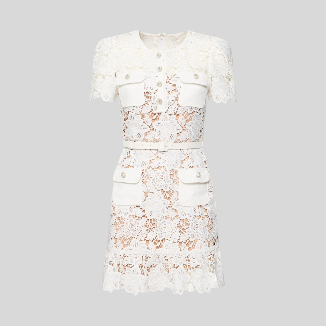 Short Sleeve Embroidered Floral Dress - White