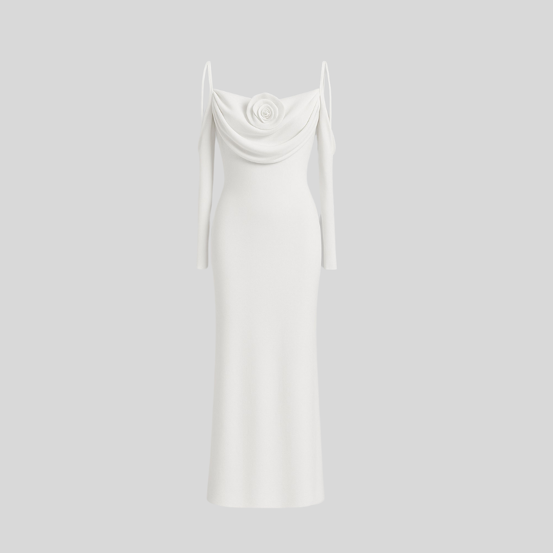 Elegant Flowing Dress With Long Sleeves, Top Draping And Central Rose Adornment - White